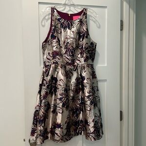Lilly Pulitzer cocktail dress in gold, burgundy and navy.